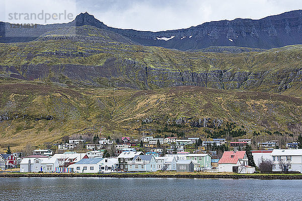Landschaftliche Ansicht einer kleinen Küstenstadt am Ufer eines ozeanischen Fjords mit einem grasbewachsenen Berg im Hintergrund  Seydisfjordur  Island