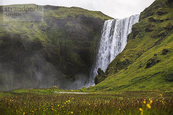 Skogafoss  einer der berühmtesten Wasserfälle Islands. Der Wasserfall liegt in der Nähe des Highway One (auch als Ringstraße bekannt) und stürzt 60 Meter in die Tiefe. Es gibt Wanderwege  die es Besuchern ermöglichen  direkt bis zum unteren und oberen Ende des Wasserfalls zu gehen. Der Wasserfall befindet sich am Fluss Skoga  der durch das isländische Hochland fließt  bevor er den Atlantik erreicht.