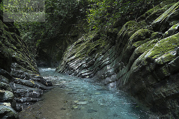 Felsformationen und blaues  klares Wasser in einem Canyon in der Gegend von Los Limones in Xicotepec de Juarez  Puebla  Mexiko.