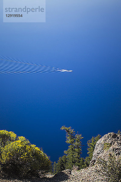 Ein Ausflugsboot ankert im tiefblauen See mit Tannen am Rande des Bildes  Crater Lake  Oregon  USA