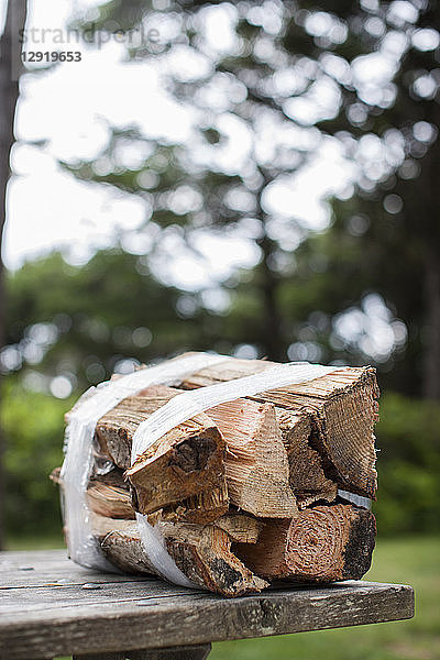 In Plastik eingewickeltes Lagerfeuerholz auf einem hölzernen Picknicktisch auf einem Zeltplatz vor einem unscharfen Waldhintergrund  Forks  Washington  USA