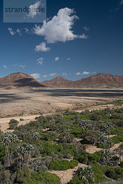 Blick über das Hoarusib-Flussbett  Bergkette im Hintergrund  Puros  nördlich von Sesfontein  Nambia