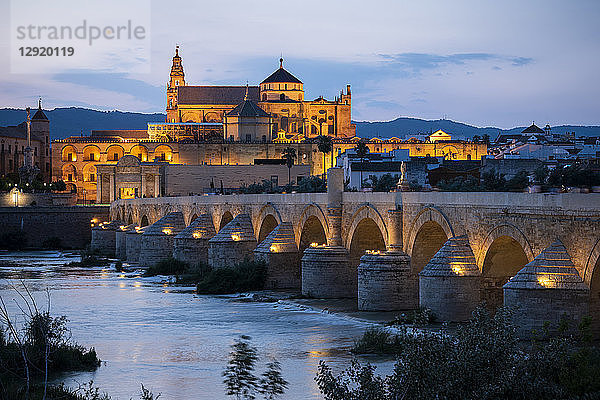 Die Kathedrale und die Große Moschee von Cordoba (Mezquita) und die Römische Brücke in der Dämmerung  UNESCO-Weltkulturerbe  Cordoba  Andalusien  Spanien  Europa