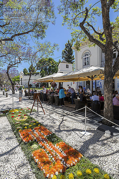 Al Fresco-Restaurants und Blumenfest auf der Avenue Arriaga im Frühling  Funchal  Madeira  Portugal  Atlantik