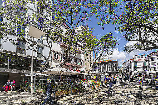 Blick auf Al Fresco Restaurants und Cafés im Stadtzentrum  Funchal  Madeira  Portugal  Atlantik