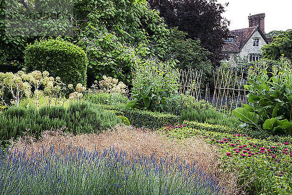 Gemauerter Garten mit Blumenbeeten  Sträuchern und Bäumen  im Hintergrund das historische Herrenhaus.