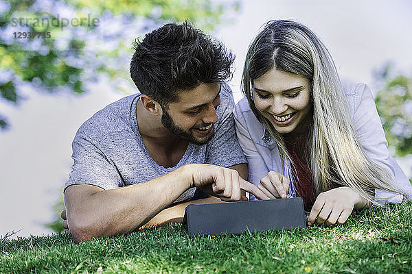 Ehepaar benutzt digitales Tablet im Park