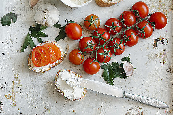 Eine Scheibe Brot  belegt mit Frischkäse und Tomaten