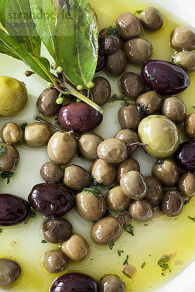 Oliven in Olivenöl mit Lorbeerblättern