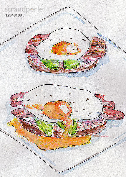 Sandwiches mit Speck und Spiegeleiern (Illustration)