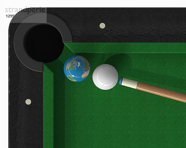 Spielball kurz davor  die Erdkugel auf dem Snookertisch zu treffen