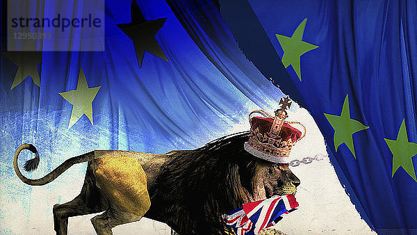 Britischer Löwe verlässt die Europäische Union mit Union Jack