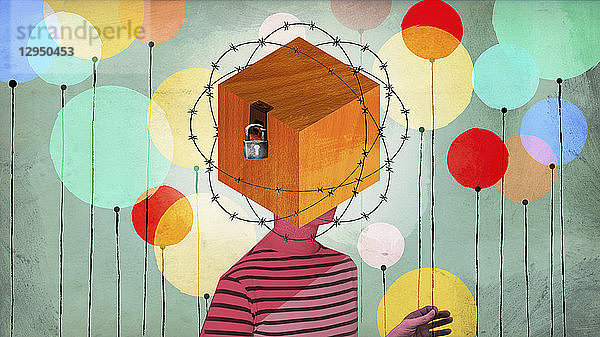Frau mit Kopf in verschlossener Box umgeben von Stacheldraht und Ballons