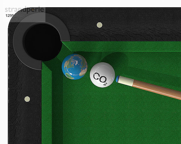 CO2-Spielball kurz davor  die Erdkugel auf dem Snookertisch zu treffen