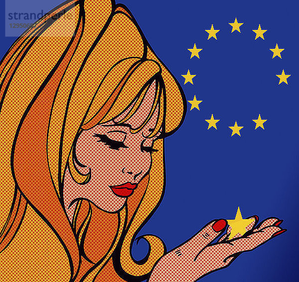 Traurige Frau mit einem Stern unter der Flagge der Europäischen Union