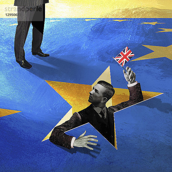 Geschäftsmann winkt Union Jack in einem Loch in der Flagge der Europäischen Union.