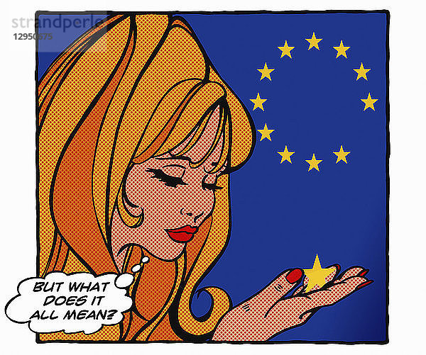Verwirrte Frau mit einem Stern unter der Flagge der Europäischen Union