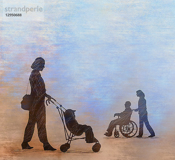 Ähnlichkeit zwischen dem kleinem Jungen im Kinderwagen und altem Mann im Rollstuhl