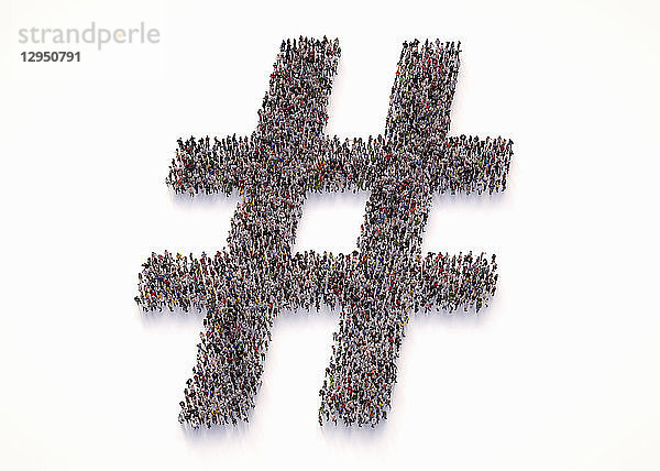 Draufsicht einer Menschenmenge  die ein Hashtag-Symbol bildet