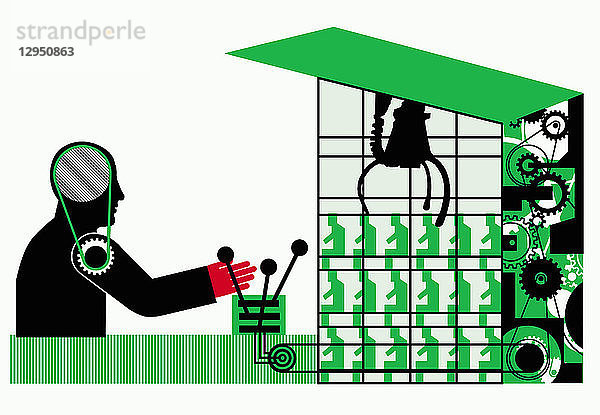 Mann rekrutiert Absolventen mit mechanischem Greifarm