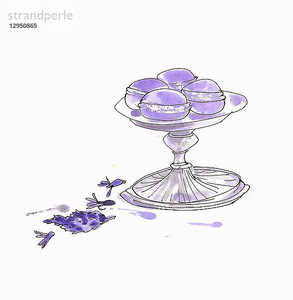 Lavendel-Macarons auf Kuchenständer