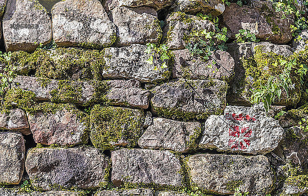 Spanien  Baskenland  Baztan-Tal  lokale rosa Sandsteinmauer in Amaiur (Jakobsweg)