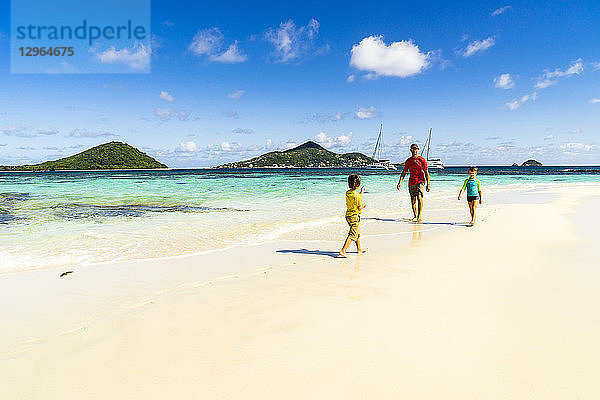 Ein Vater und seine beiden Söhne spazieren am Strand von Morpion's Island  St-Vincent  St. Vincent und die Grenadinen  Kleine Antillen  Westindische Inseln  Inseln über dem Winde  Karibik  Mittelamerika