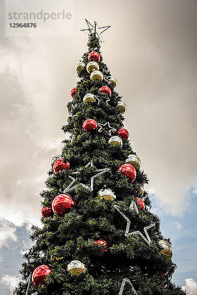 Mit Sternen und Kugeln geschmückter Weihnachtsbaum im Freien