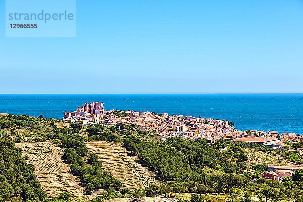 Stadt Banyuls von der Küste von Vermeille aus gesehen  Pyrenees-Orientales  Katalonien  Languedoc-Roussillon  Frankreich