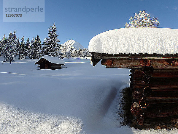 Österreich  Tirol  eine Neuschneelandschaft mit 2 Holzhütten und dem Gipfel der HOHE MUNDE im Hintergrund