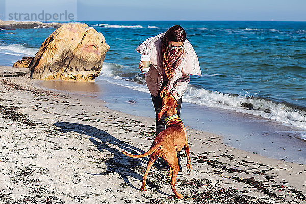 Mittlere erwachsene Frau am Strand  die ihren Hund streichelt  Odessa  Odeska Oblast  Ukraine