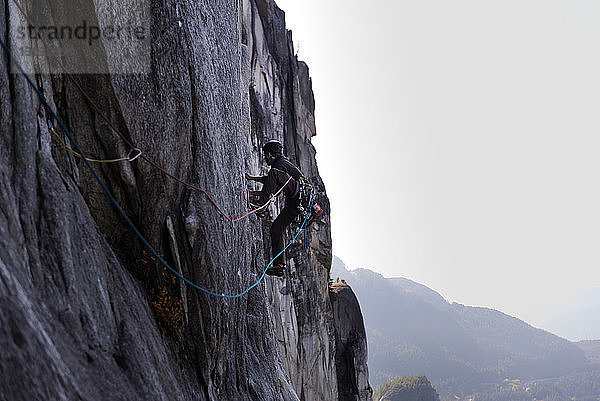 Junger männlicher Kletterer klettert an einer Felswand  erhöhte Ansicht  The Chief  Squamish  British Columbia  Kanada