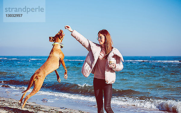 Mittlere erwachsene Frau am Strand beim Spielen mit ihrem Hund  Odessa  Odeska Oblast  Ukraine