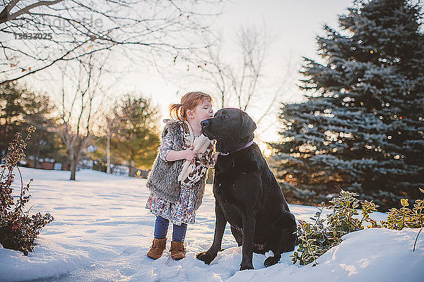 Weibliches Kleinkind mit roten Haaren spielt mit Hund im Schnee  Keene  Ontario  Kanada