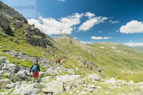 Wanderer auf dem Wanderweg Richtung Pizzo Tambo  Splugapass  Kanton Graubünden  Schweiz