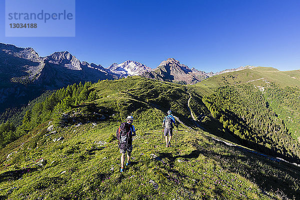 Wanderer wandern von der Scermendone-Alm zum Monte Disgrazia  Provinz Sondrio  Valtellina  Rhätische Alpen  Lombardei  Italien