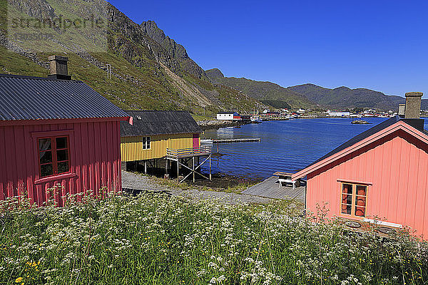 Fischerhütten (Rorbuer)  Fischerdorf Ballstad  Lofoten-Inseln  Bezirk Nordland  Arktis  Norwegen  Skandinavien