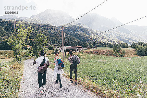 Drei junge erwachsene Freunde wandern auf einem Feldweg  Rückansicht  Primaluna  Trentino-Südtirol  Italien