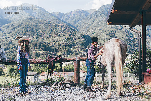 Junger Mann pflegt Pferd in ländlicher Reitarena  Primaluna  Trentino-Südtirol  Italien