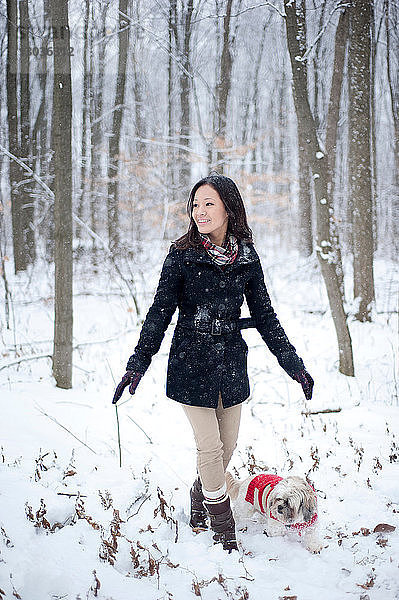 Junge Frau beim Hundespaziergang im verschneiten Wald  Ontario  Kanada