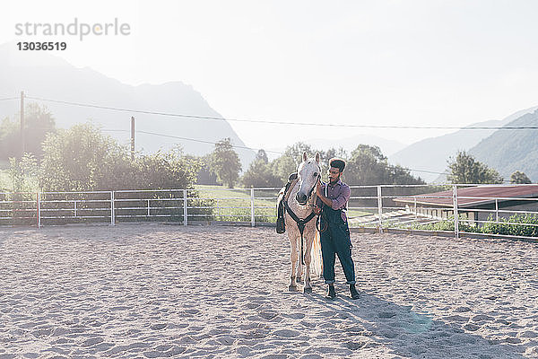 Junger Mann verbindet sich mit Pferd in ländlicher Reitarena  Primaluna  Trentino-Südtirol  Italien