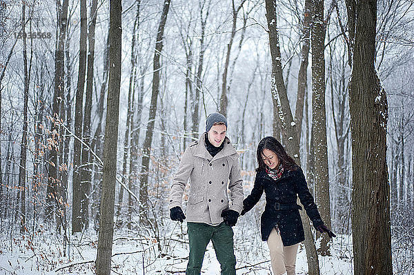 Junges Paar geht Hand in Hand im verschneiten Wald  Ontario  Kanada