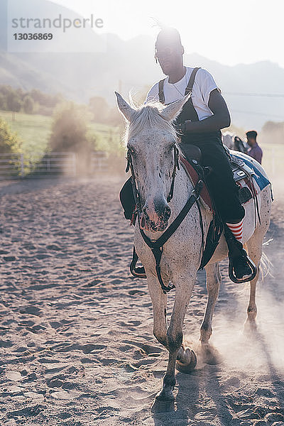 Junger Hipster-Mann reitet Pferd in der sonnenbeschienenen Reithalle  Primaluna  Trentino-Südtirol  Italien