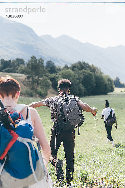 Drei junge erwachsene Freunde wandern durchs Feld  Rückansicht  Primaluna  Trentino-Südtirol  Italien
