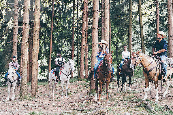 Fünf junge Erwachsene reiten im Wald  Primaluna  Trentino-Südtirol  Italien