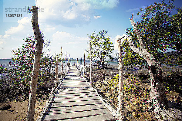 Blick auf einen Holzsteg am Seeufer  Thailand