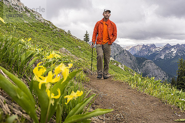 Ein Mann wandert vorbei an Lawinenlilien vor den Early Winter Spires  Maple Pass Loop Hike  North Cascades National Park  Mazama  Washington State  USA