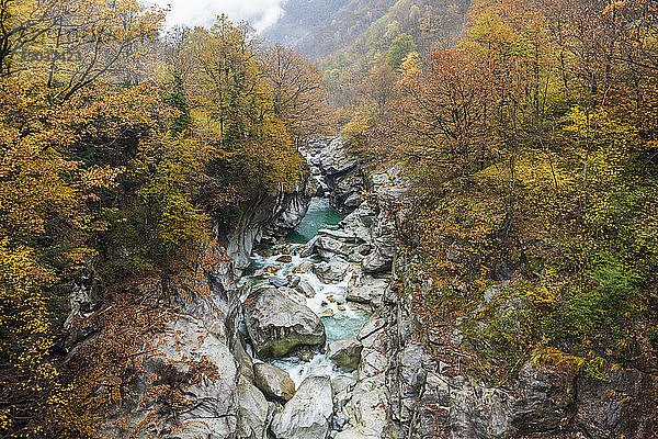 Malerische Landschaft mit Blick auf den Fluss Verzasca im Herbst von der Brücke Ponte di Corippo  Kanton Tessin  Schweiz