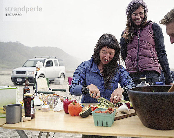 Freunde bereiten ein Essen bei Tisch am Strand zu