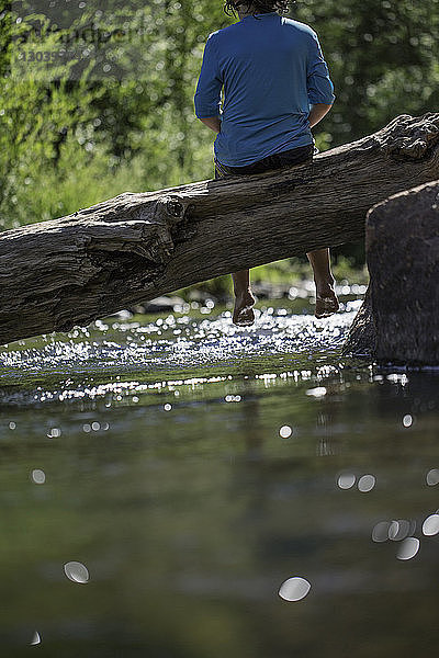 Niedriger Teil des Jungen sitzt auf einem Baumstamm über dem See